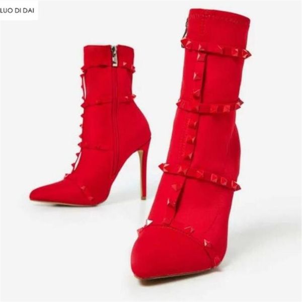 

2018 new women black boots zip up women ankle booties thin heel spike stud boots ladies point toe rives stud red boots3137