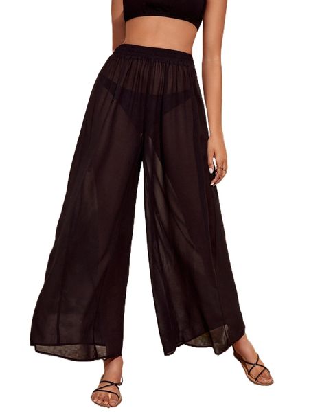 

high waist sheer chiffon wide leg pants without panty x5kk#, Black;white