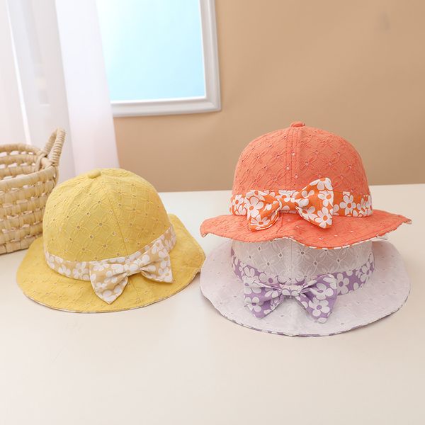 

spring summer visor baby sun hat bow flower embroidery kids toddler bucket hat soft cotton outdoor infant girl boy fisherman cap 220611, Yellow