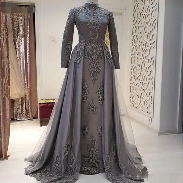 Vestidos de noite muçulmanos de renda cinza escuro 2022 Gola alta frisada Islâmica Dubai Vestido formal árabe Linha A Mangas compridas Vestidos de baile de formatura_