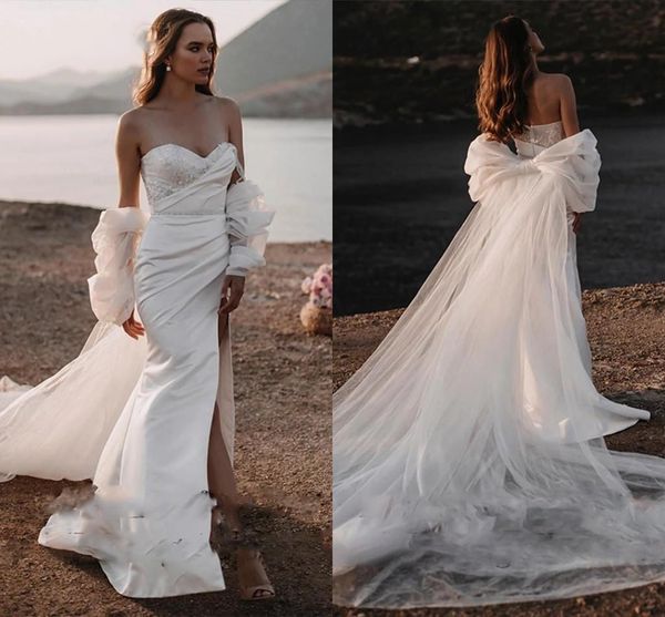 

elegant sweetheart mermaid wedding dresses long sleeves tulle cape satin bow tie appliqued backless strapless floor length shawl custom made, White