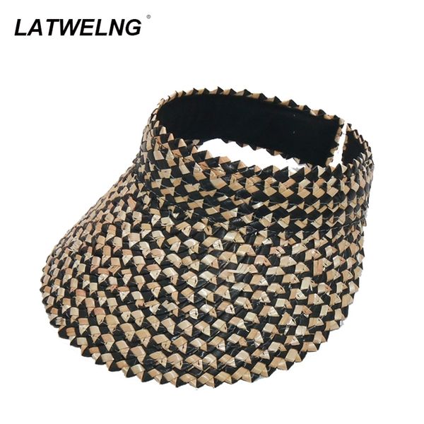 

hand woven color matching sun hats women straw visor caps empty beach hat wholesale drop 220616, Blue;gray
