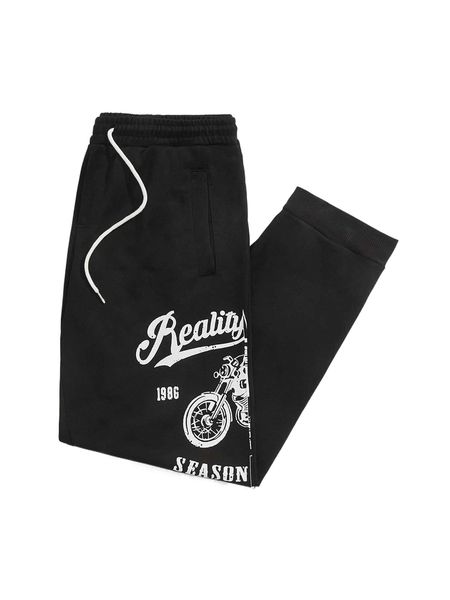 

men letter & motorcycle print drawstring waist sweatpants 68mq#, Black