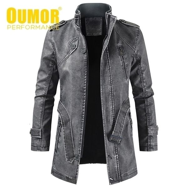 

oumor men winter brand long thick fleece leather jacket coat men outwear fashion warm casual vintage faux leather jacket men 201114, Black;brown