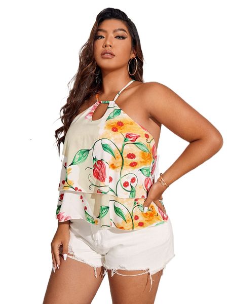 

plus floral print cut out tiered layer peplum halter h45d#, Black