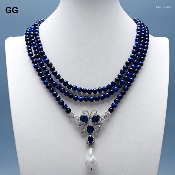 Anhänger Halsketten GuaiGuai Schmuck 3 Stränge Blaue Runde Tigerauge Choker Halskette CZ Pave Barock Perle 17