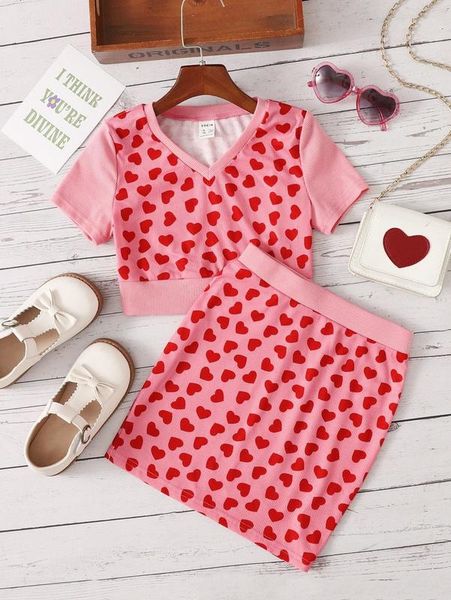 

girls heart print & skirt she, White