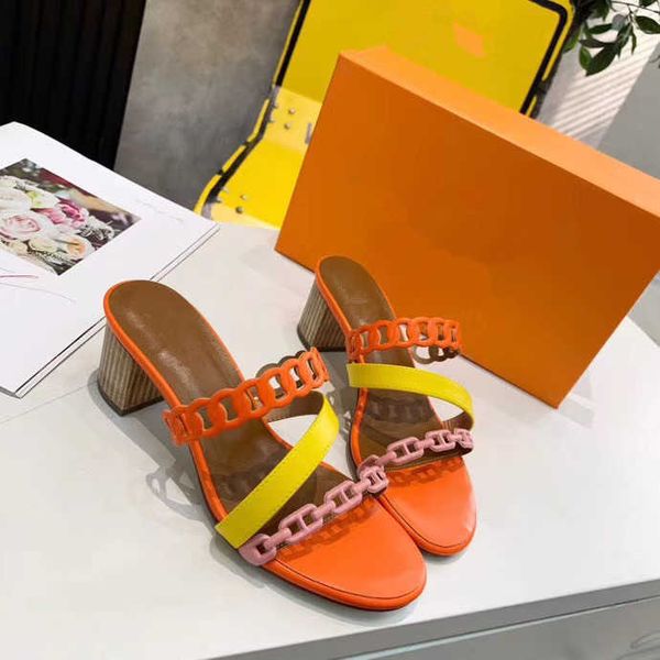 

women slippers designer sandal luxury sandals rubber soles anti slip wear resistant womens sanda high heels 5.5cm leather chain pattern, Black