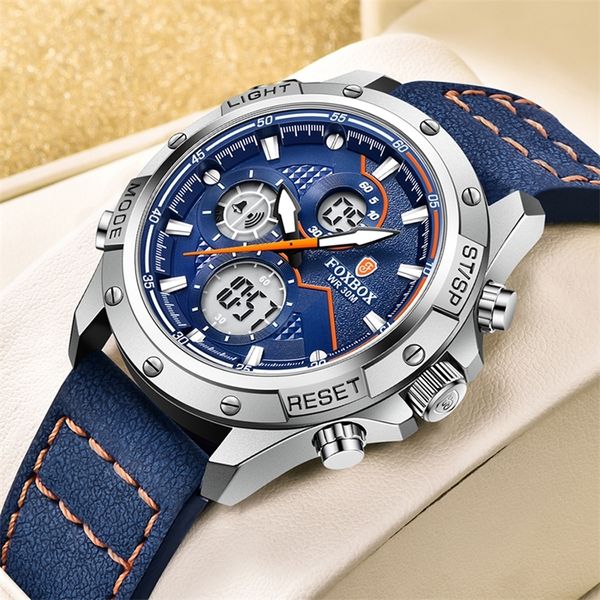 

dual display men watches luxury sport waterproof quartz electronic watch for men fashion leather luminous chronograph 220407, Slivery;brown