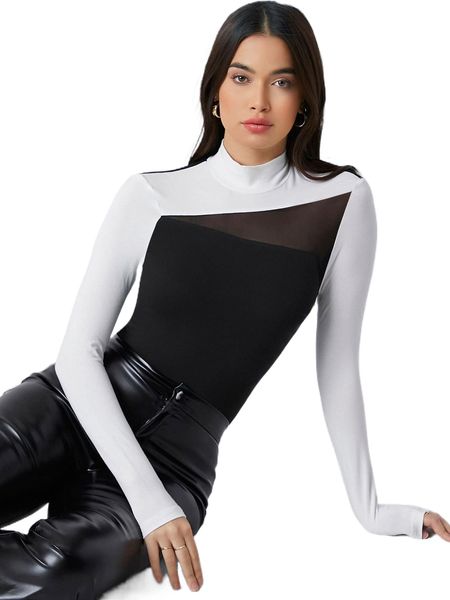 

mock neck contrast mesh colorblock tee e40n#, White