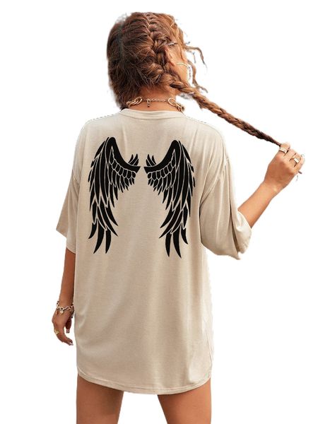 

wing print drop shoulder oversized tee y9zf#, White