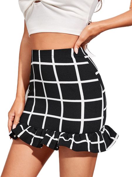 

grid print ruffle hem bodycon skirt b3k0#, Black