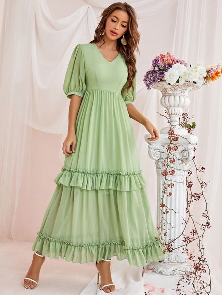

lantern sleeve frilled ruffle hem chiffon dress o7cv#, Black;gray