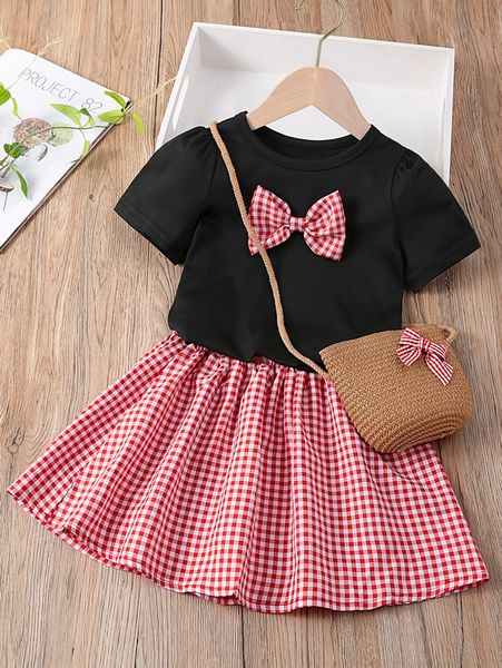 

toddler girls gingham bow front puff sleeve tee & skirt she, White