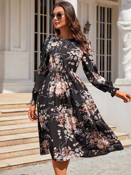 

floral print shirred frilled cuff a-line dress x85d#, Black;gray