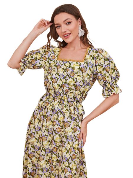 

allover floral print puff sleeve peplum & ruffle hem skirt x7gy#, White