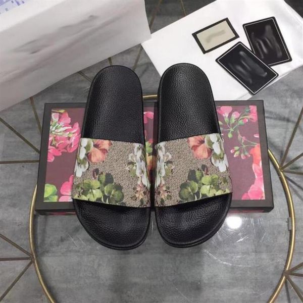 

2022 designer slides mens womens slippers with original box dust bag flowers printing leather platform shoes fashion luxury brand 2209, Black