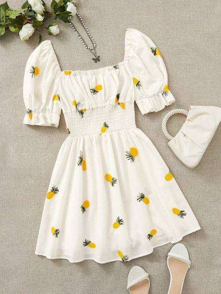 

square neck pineapple print shirred dress k9lp#, Black;gray