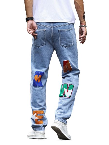 

men letter patched straight leg jeans b7v0#, Blue