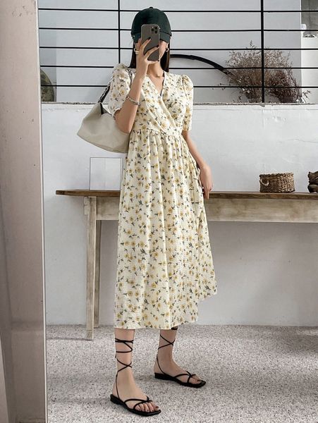 

dazy ditsy floral print puff sleeve knot side dress o2u3#, Black;gray