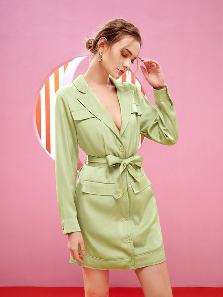 

x vonna del lapel neck button front belted dress e556#, Black;gray