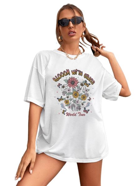 

floral and slogan graphic drop shoulder tee b2ql#, White