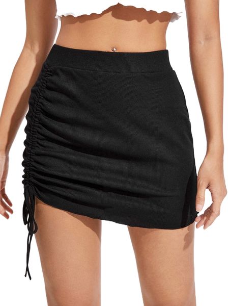 

petite drawstring side lettuce trim skirt 59tc#, Black