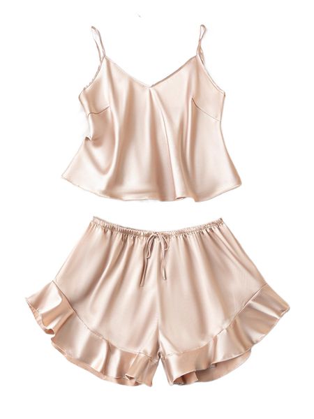 

ruffle hem satin pj set d21q#, Black;red