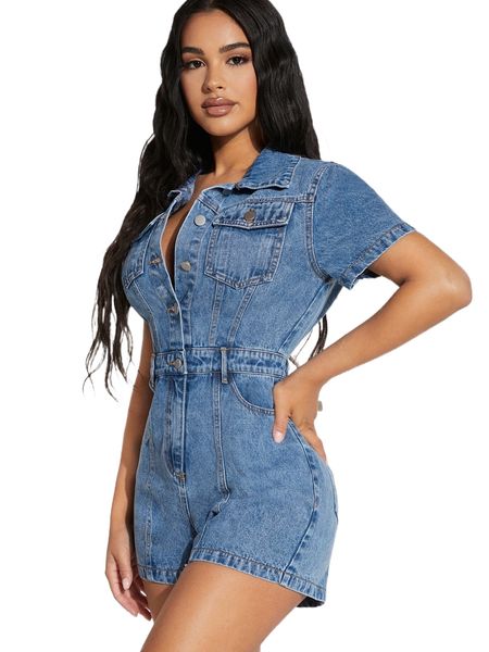 

petite flap pocket button front denim romper b6nq#, Black;white