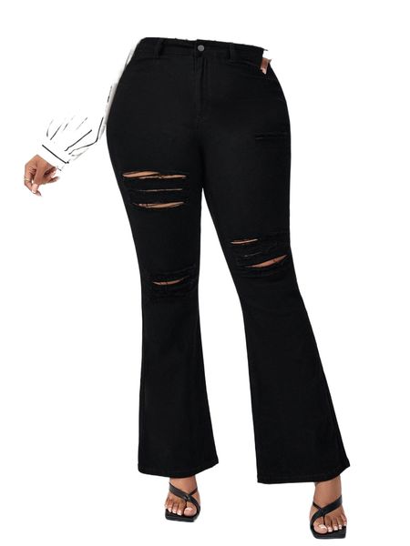 

sxy plus high waist ripped flare leg jeans x6kh#, Blue