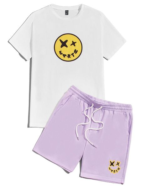 

men cartoon face print tee and track shorts set 40fk#, Gray
