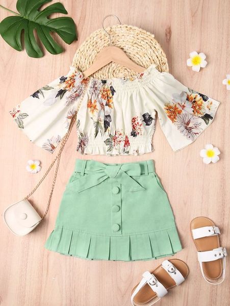 

little girl's printed pleated off shoulder and pleated belt skirt she, White