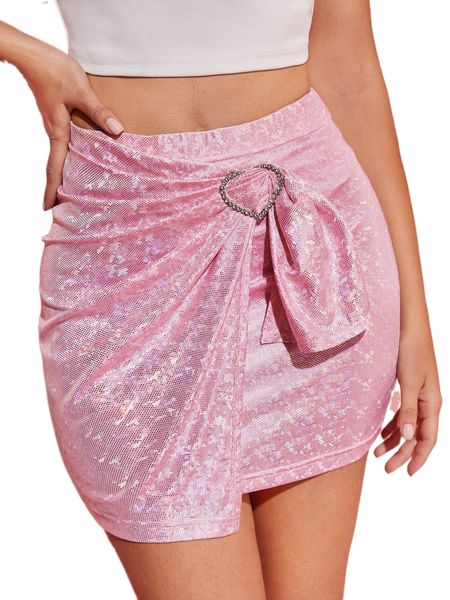 

rhinestone heart detail wrap skirt e3ni#, Black