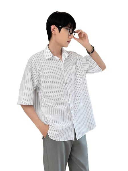 

men striped patched pocket drop shoulder shirt q0jy#, White;black
