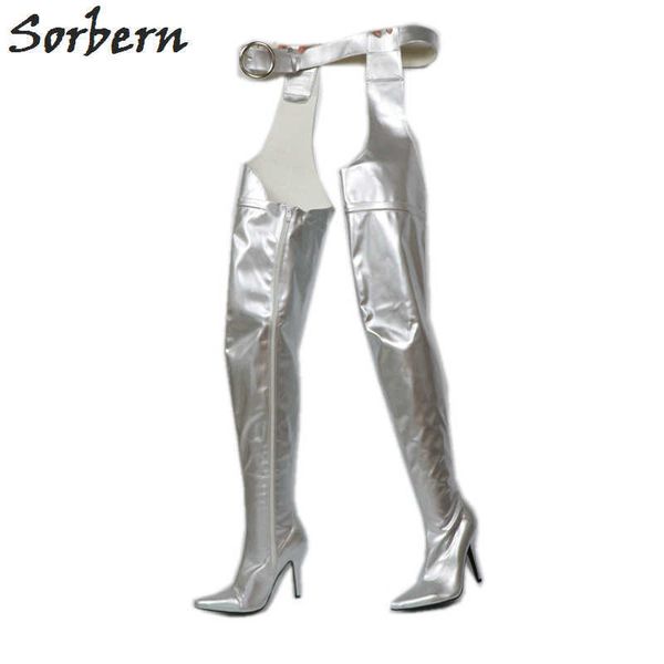 

sorbern silver belt thigh high boots custom wide calf fit shoes pointed toes high heeled boots women waist high boots with belts, Black