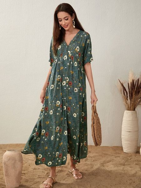 

floral print button front v-neck dress t7kd#, Black;gray