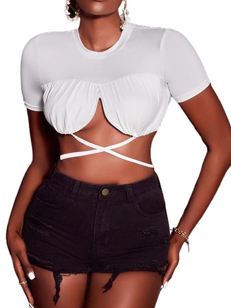 

ruched bust criss cross tie back crop tee s3x3#, White
