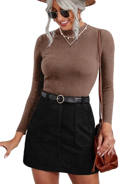 

high waist slant pocket corduroy skirt without belt t0wf#, Black