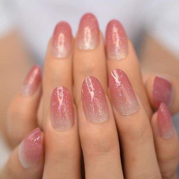 Falsche Nägel, oval, rund, mittelgroß, gefälschte Nagelkunst-Spitzen mit Design, zum Aufdrücken, Ombre-Glitzer-Acryl-Kunstgel-Set, rosa Display, Prud22