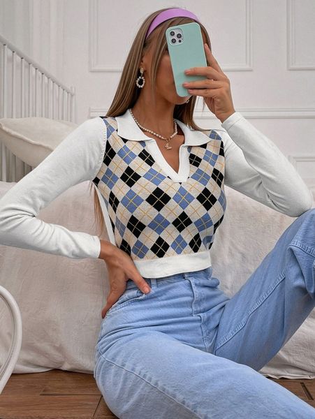 

argyle pattern crop sweater k9nl#, White;black