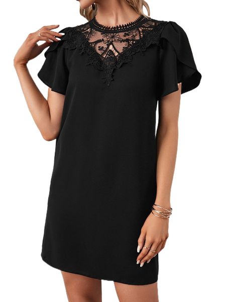

guipure lace panel petal sleeve tunic dress l135#, Black;gray
