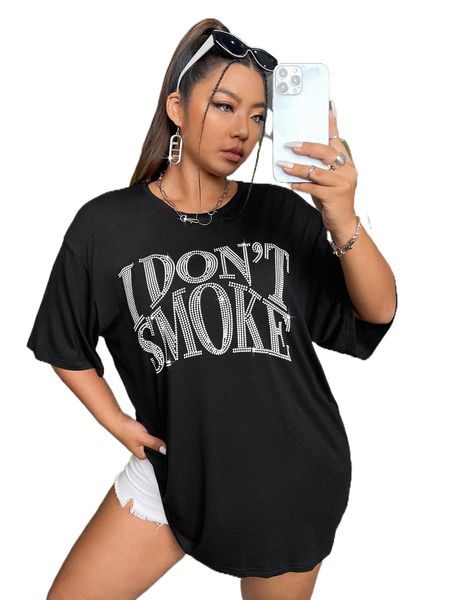 

plus rhinestone slogan pattern drop shoulder tee 70nk#, Black