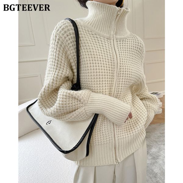 

autumn winter thicken turtleneck female sweaters jacket casual loose zippers full sleeve knitted women cardigans, White;black