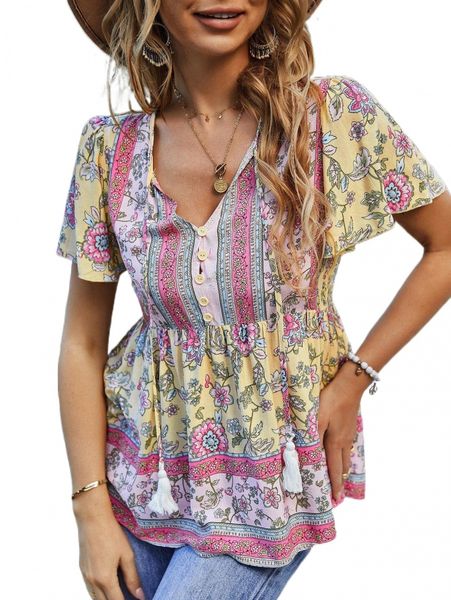 

all over floral print tassel detail peplum blouse i6rn#, White