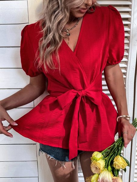 

puff sleeve overlap collar tie front peplum blouse c63z#, White