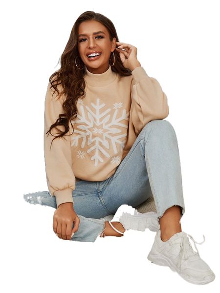 

mock neck snowflake print pullover a92j#, Black