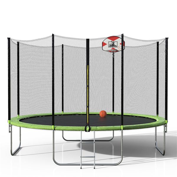 

14-feet round trampoline with kid bed safety enclosure basketball hoop and ladder