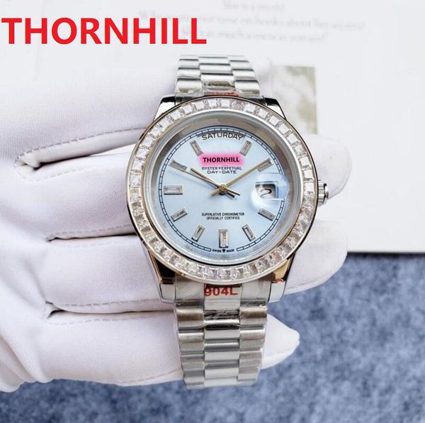 Série de calendário da semana Diamantes de luxo Ring Watch Men 40mm Sapphire Movimento Automático Varredura mecânica de 904L Aço inoxidável Iceiro de pulseira Eternidade Relógios