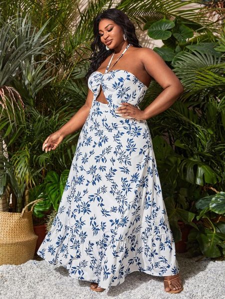 

sxy plus tied open back allover plants print dress o2dc#, Black
