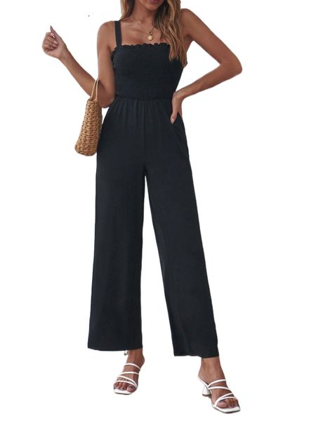 

shirred frill trim cami jumpsuit j33v#, Black;white
